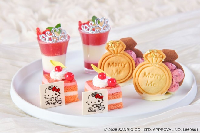 The Hello Kitty Princess Afternoon Tea features character-inspired sweets, including a Kitty-shaped shortcake and tiara-topped mousse, offering a royal and photogenic dessert experience.